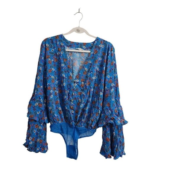 Intimately Free People Bodysuit Small Blue She’s Dainty Blue Floral Blouse Boho - Picture 2 of 12